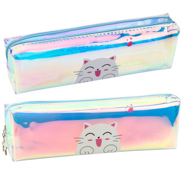 Børne penalhus holografisk med kat blå 21x6cm