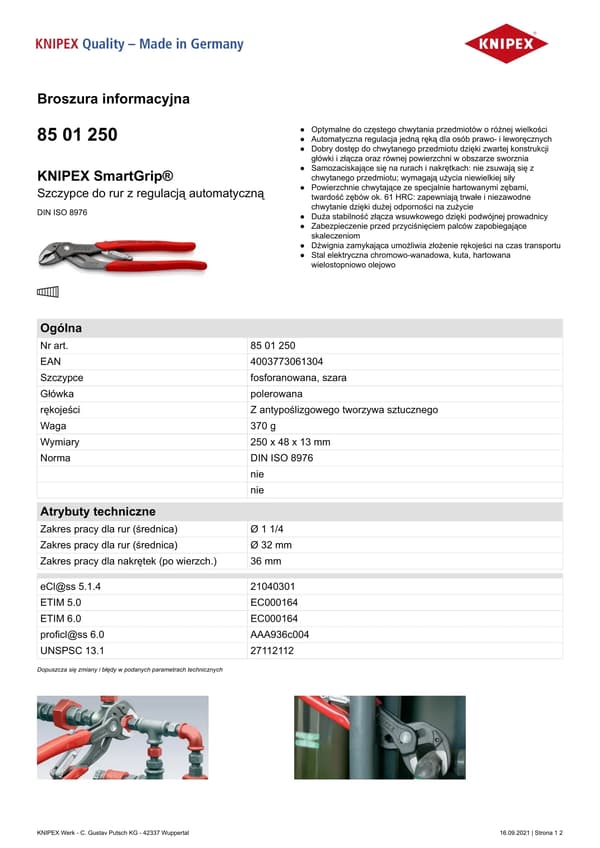Knipex SmartGrip 85 01 250 - 61 HRC -