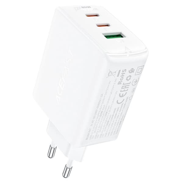 Acefast GaN hurtigoplader (2x USB-C / USB-A) PPS / PD / QC4+ 65W hvid (A41)