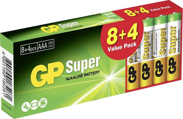 Alkalinebatteri, AAA, 1,5V, GP, papæske, 12-pak, Super
