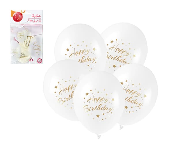 Ballonger med guldtryck Happy Birthday 5 st