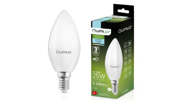 LED-pære B35 E14 2.5W = 25W 249lm 6500K Kold 180 Lumiled
