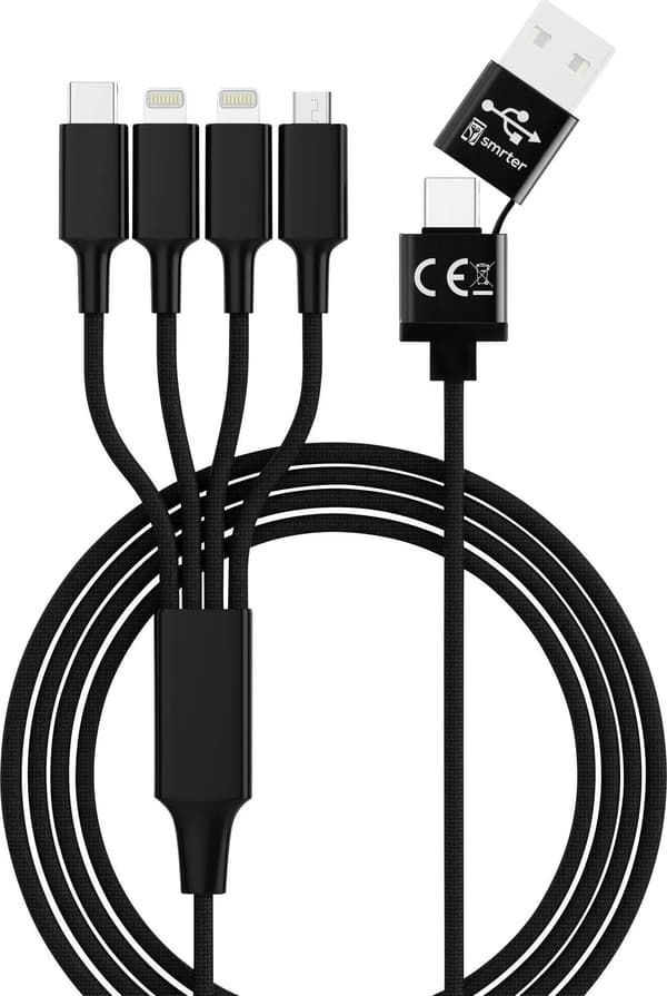 USB Smrter -kaapeli USB-A - USB-C + MicroUSB + 2x Lightning 1,2 m Musta (SMRTER_ELITE_L_BK)