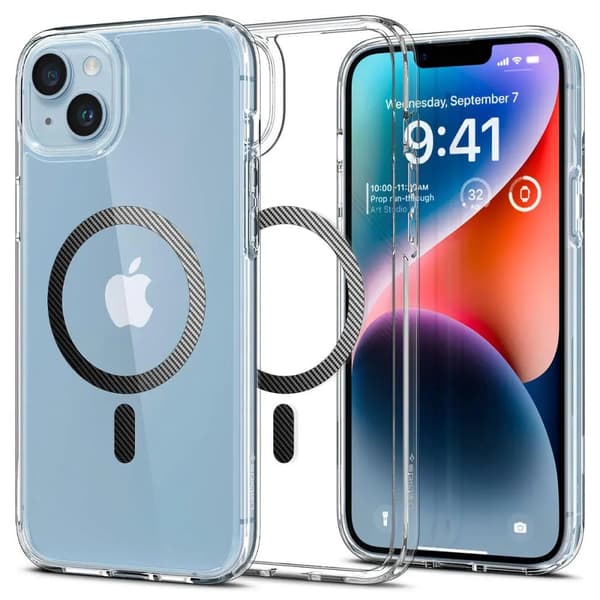Spigen Ultra Hybrid Mag -kotelo MagSafella iPhone 14 Plus -puhelimelle – läpinäkyvä harmaa