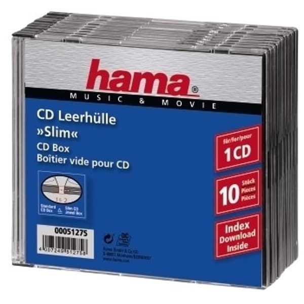 1x10 Hama CD-Slim Jewel Case klar/sort 51275