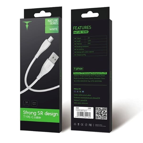 T-Phox USB-kaapeli T-PHOX NATURE TYPE-C VALKOINEN 1.2M 3A