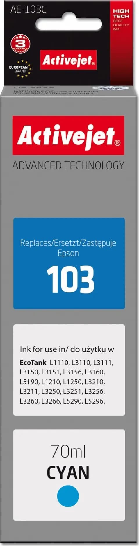 Activejet AE-103C blækpatron (erstatning for Epson 103 C13T00S24A; Supreme; 70 ml; blå)