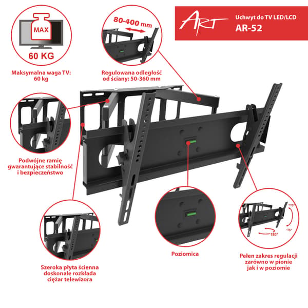 Väggfäste för TV ART AR-52 (vägg; 30\" - 70\"; max. 60 kg)