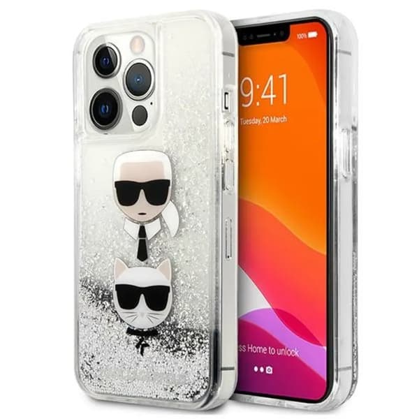 Karl Lagerfeld Liquid Glitter Karl&Choupette Head Case för iPhone 13 Pro / iPhone 13 - Silver