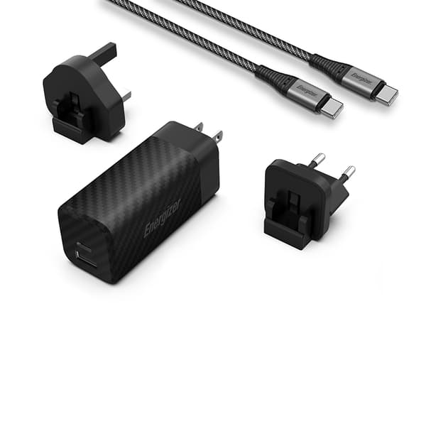 Energizer Ultimate - Multiplug Oplader EU/UK/US GaN USB-C & USB-A 65W PD + USB-C Kabel (Sort)