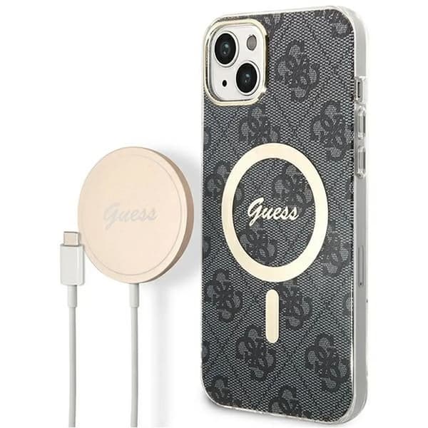 Originalt GUESS GUBPP14MH4EACSK sæt til iPhone 14 Plus (Bundle Pack / Kompatibel med Magsafe: Cover + Oplader / 4G / Guld - Sort)