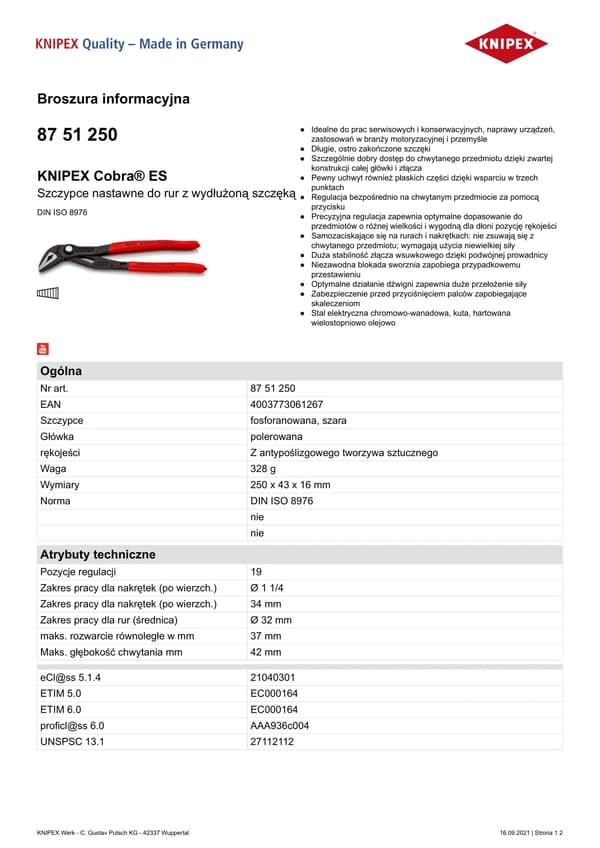 Knipex Cobra ES 87 51 250 Wasserpumpen