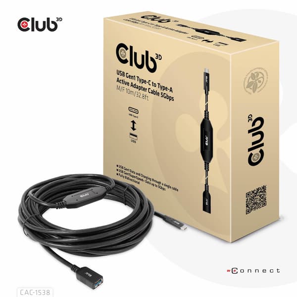 USB Club 3D USB-A - USB-C -kaapeli 10 m musta (CAC-1538)