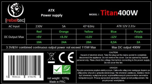ATX-strömförsörjning Rebeltec TITAN 400 12cm fläkt + kabel