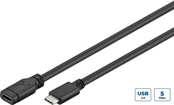MicroConnect USB-C 3.2 Gen 1 forlængerkabel, 1m sort, til synkronisering og opladning, hastighed på 5 Gbs. 3A