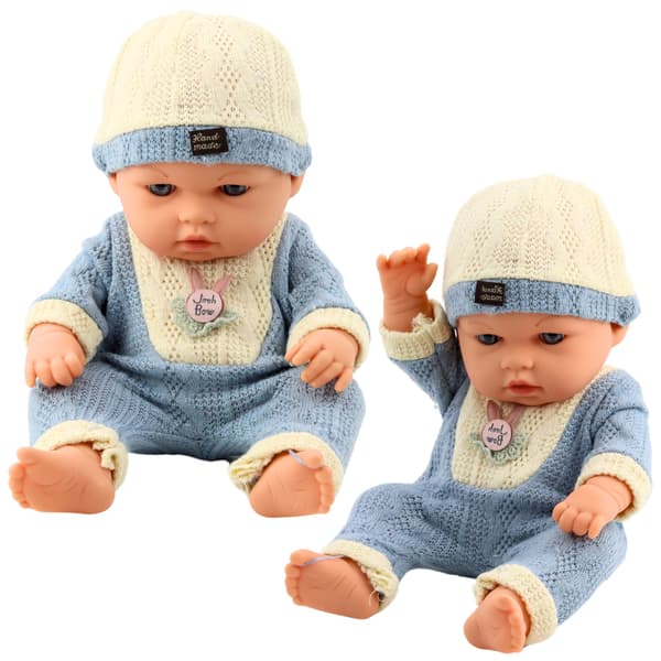 Babydokke i blåt strikket sæt med hue