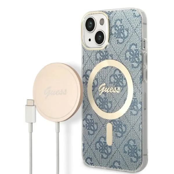 Originalt GUESS GUBPP14MH4EACSB sæt til iPhone 14 Plus (Bundle Pack / Kompatibel med Magsafe: Cover + Oplader / 4G / Guld - Blå)