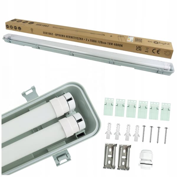 SET hermetisk armatur IP65 + 2x LED-rör 120cm 4000K