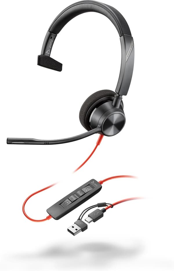 Poly Blackwire 3310 Monaural USB-C Headset +USB-C/A Adapter