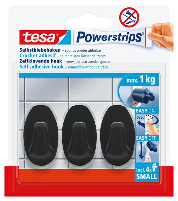 Itseliimautuvat koukut. Powerstrips 3 kpl soikea uros, musta