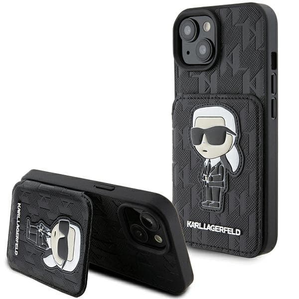 Karl Lagerfeld KLHCP15SSAKKNSCK etui til iPhone 15 6,1\" hårdt etui sort/sort Saffiano kortpladser og Ikonik monogram patch
