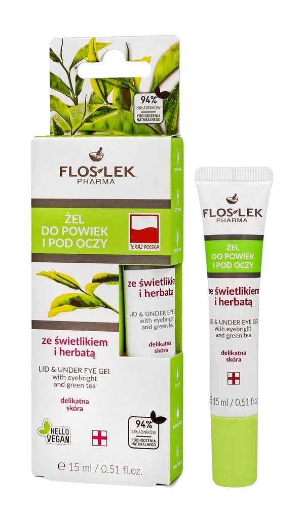 FLOSLEK Silmänympärysgeeli valolla ja teellä silmäluomille 15 ml tuubissa