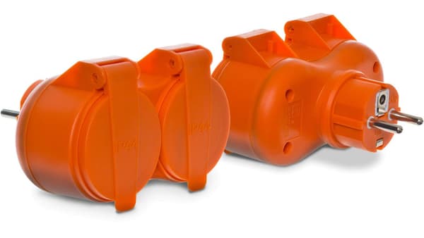 Stikdåseopruller, dobbelt 2x2P+J, IP44, orange/34044