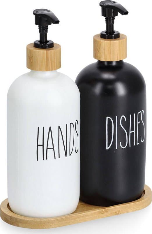 Zeller Sæbedispenser Flydende og Sæbedispenser Sæt med Bambusstativ, 2 x 500 ml