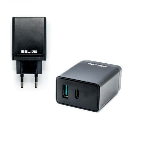 Beline vægoplader 1xUSB og 1xUSB-C 5A 18W sort/sort (kun hoved)