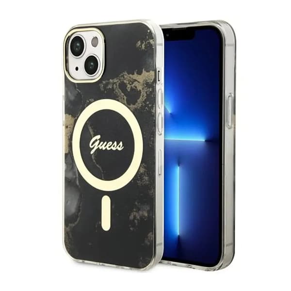 Guess, GUHMP14SHTMRSK iPhone 14 6,1\" sort/sort Hardcase Golden Marble MagSafe