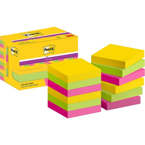 Post-it Super Sticky Notes 47,6x47,6mm (622-12SS-CARN) farvemix (12x90)