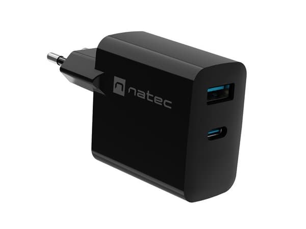Netværksoplader, bærbar batterioplader Natec Ribera Gan 1x USB-A + 1x USB-C 65W Sort