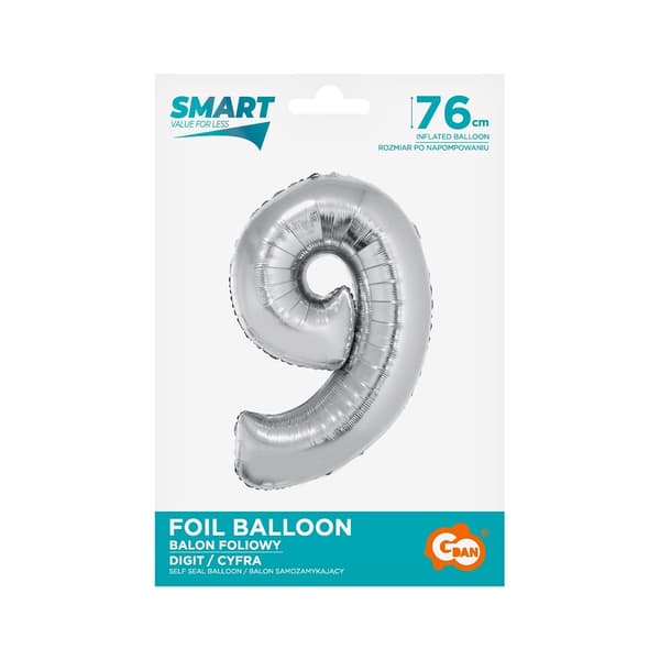 Folieballon Smart, Tal 9, sølv, 76 cm