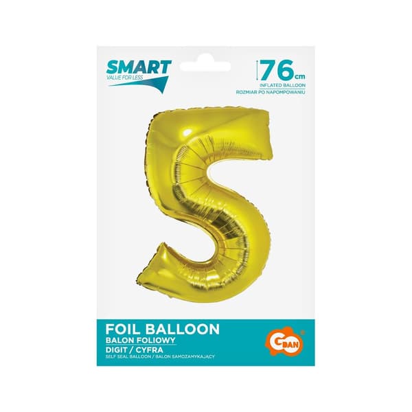 Folieballong Smart, Siffra 5, guld, 76 cm
