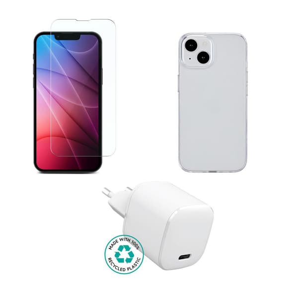 eSTUFF Sæt til iPhone 17e/16e/14. Oplader, Cover, Glas. Brun æske.