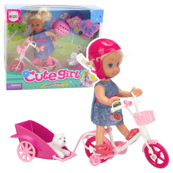 Mini Dukke Cykeltrailer Hjelm Hvid Hund Sæt