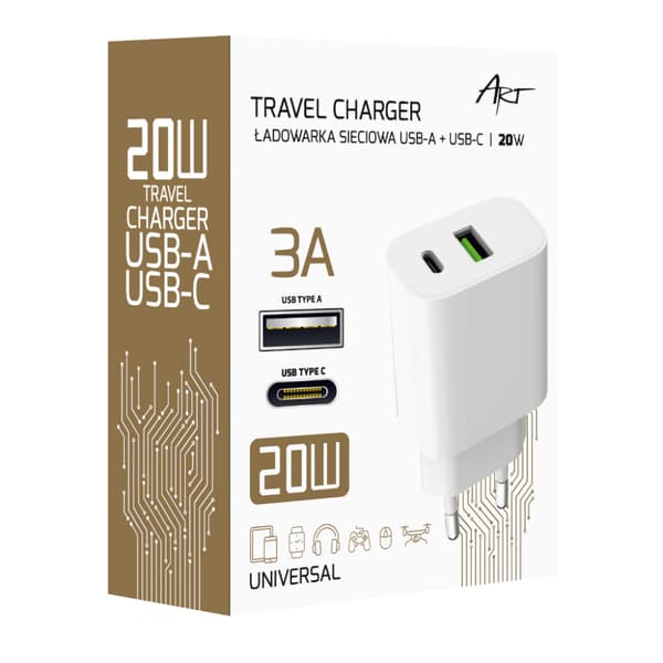 NETVÆRKSLADER PD/QC 4.0 1x USB-C 1x USB-A 3A 20W ART