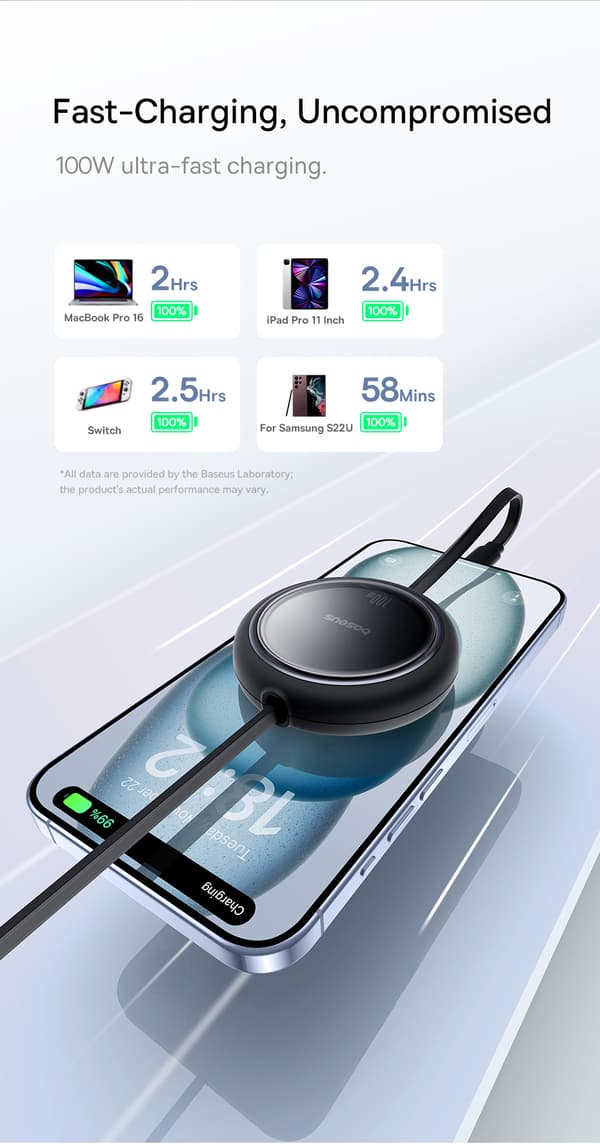 Baseus Free2Draw Mini USB-C – USB-C 100 W 1 m udtrækkeligt kabel – Sort