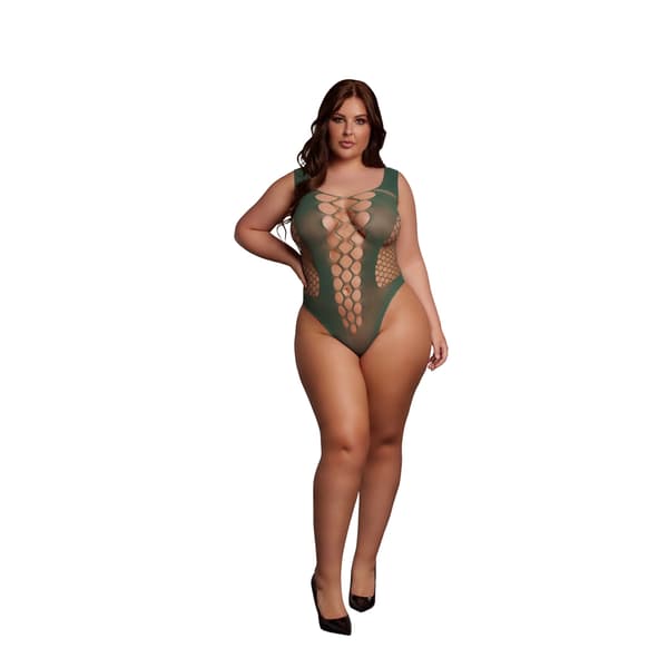 Obsessive Queen Size V-hals Intim Bodysuit med Uigennemsigtige Netpaneler