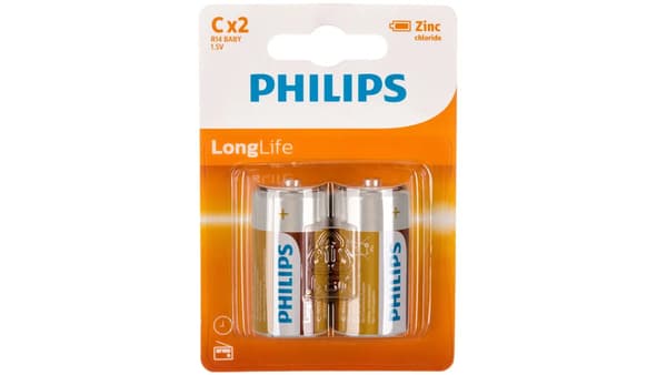 PHILIPS LONGLIFE R14 BLI*2 BATTERIER (R14-P2/01B) UDLØBET