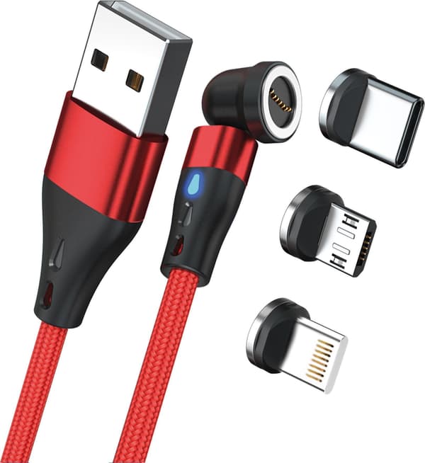 RealPower Magnetisk kabel 3 amp, 1 m, rød med adaptere