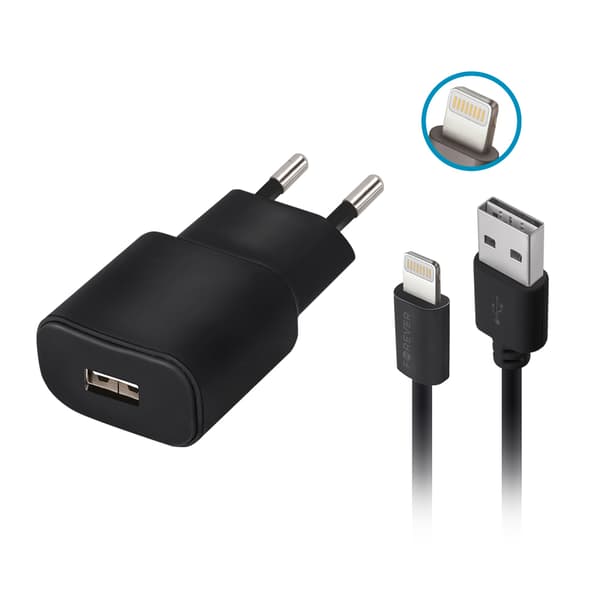 Forever Batterioplader 1xUSB 2A TC-01 + Lightning-kabel sort