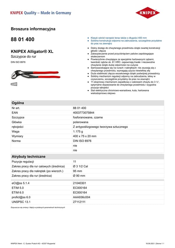 KNIPEX Alligator XL -putkipihdit ja vesipumppupihdit