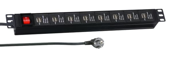 Strømskinne EFB 19\" 1U 16x USB A med afbryder 3m, sort