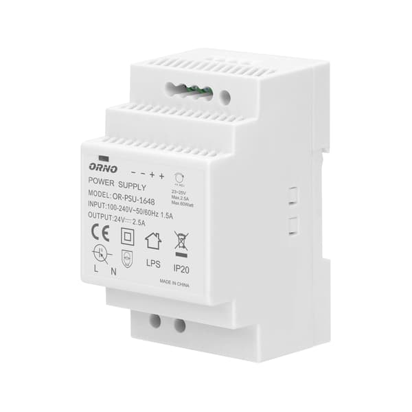 DIN-kisko virtalähde 24VDC, 2.5A, 60W, leveys 3 moduulia