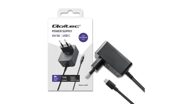 Qoltec Super HURTIG PD Oplader til Raspberry PI 4 | USB-C | 15W | 5V | 3A | Sort