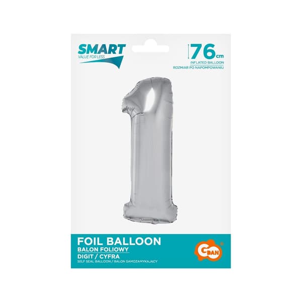 Folieballon Smart, Nummer 1, sølv, 76 cm