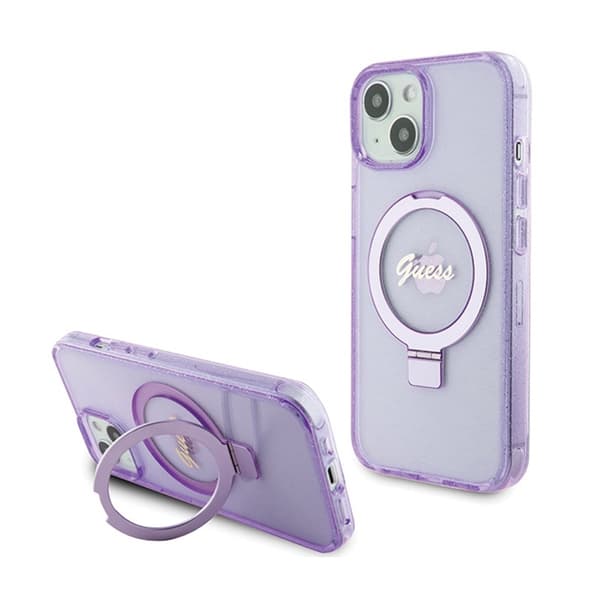 Original GUESS Hardcase GUHMP15MHRSGSU for iPhone 15 Plus (Magsafe Compatible / Glitter Script Logo / Ring stand / Purple)