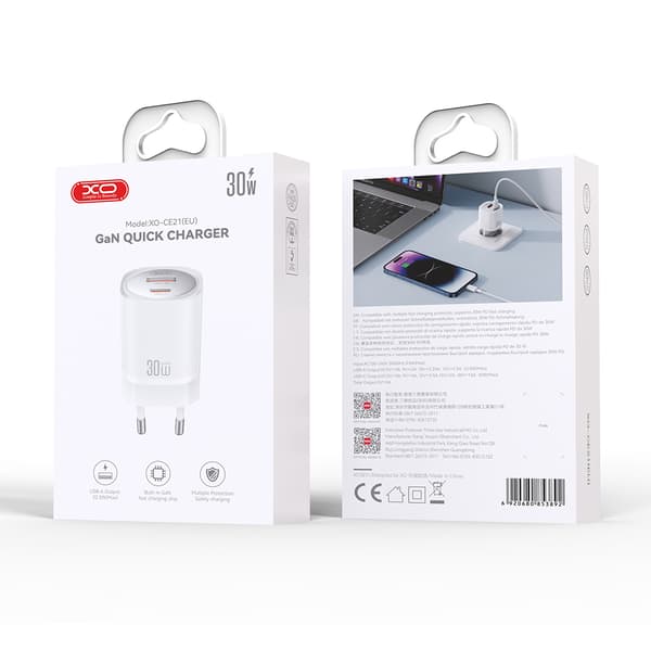 XO AC-oplader CE21 PD 33W 1x USB-C 1x USB hvid