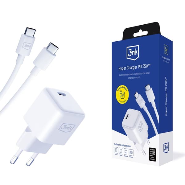 3MK Hyper Charger PD 25W hvid + USB-C / USB-C kabel